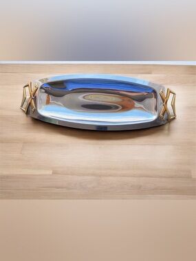 Vintage 1960s MCM Kromex Chrome Long Serving Tray Brass Ornate Handles